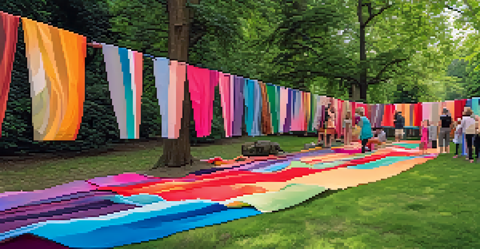 A colorful outdoor art installation in a park, with people interacting joyfully, surrounded by greenery and flowers.