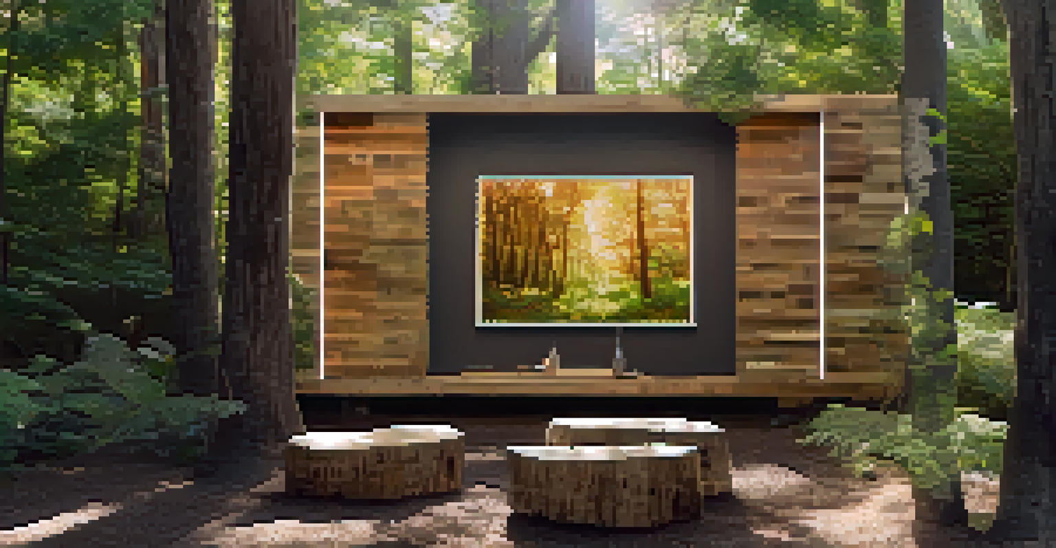 An outdoor art installation made from recycled materials, harmonizing with nature, surrounded by trees and sunlight.