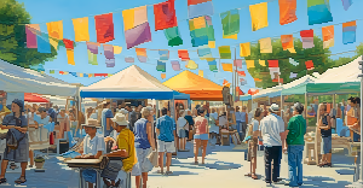 A lively outdoor art exhibition showcasing diverse artworks with people engaging around the displays.