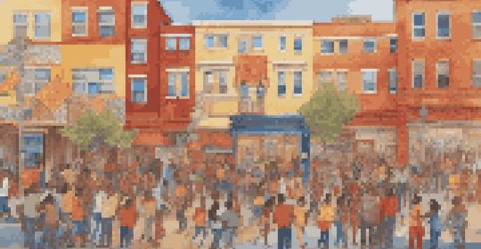 A colorful mural showing people from different backgrounds working together on an art project, with bright colors and patterns symbolizing unity.