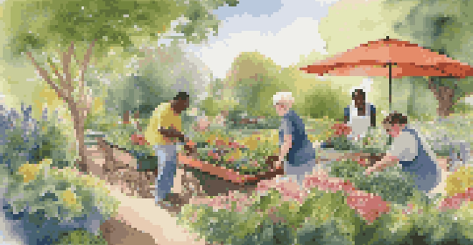 A diverse group of individuals with disabilities working together in a vibrant garden, surrounded by colorful flowers and greenery.