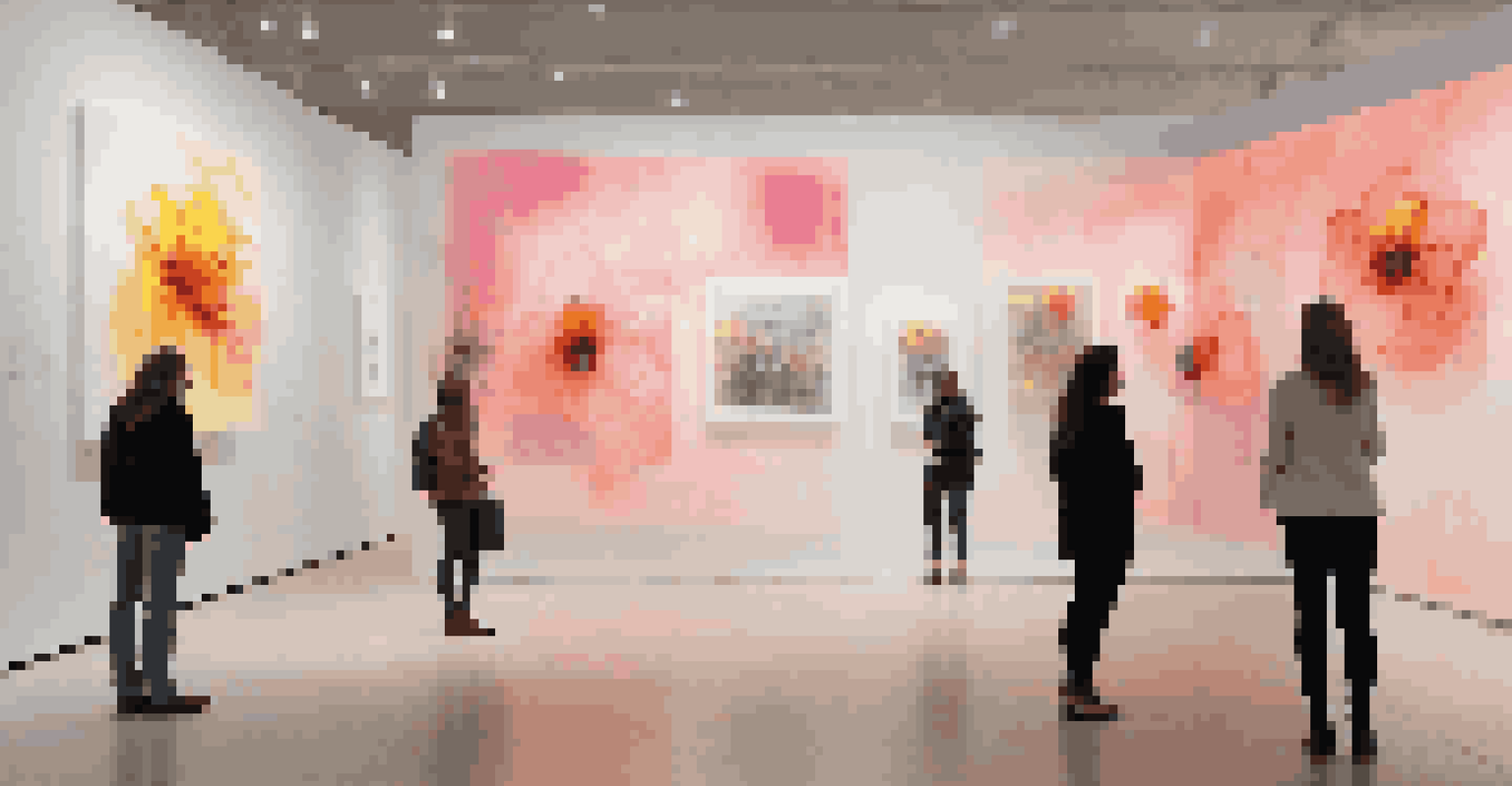 An interactive art installation with colorful lamps resembling flowers in a modern gallery.