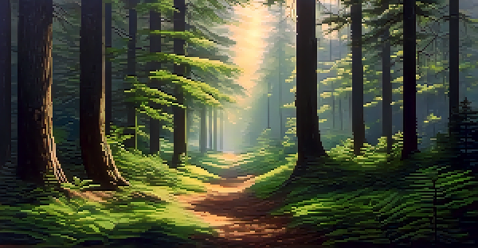 A serene forest setting with trees and dappled sunlight, creating a peaceful ambiance.