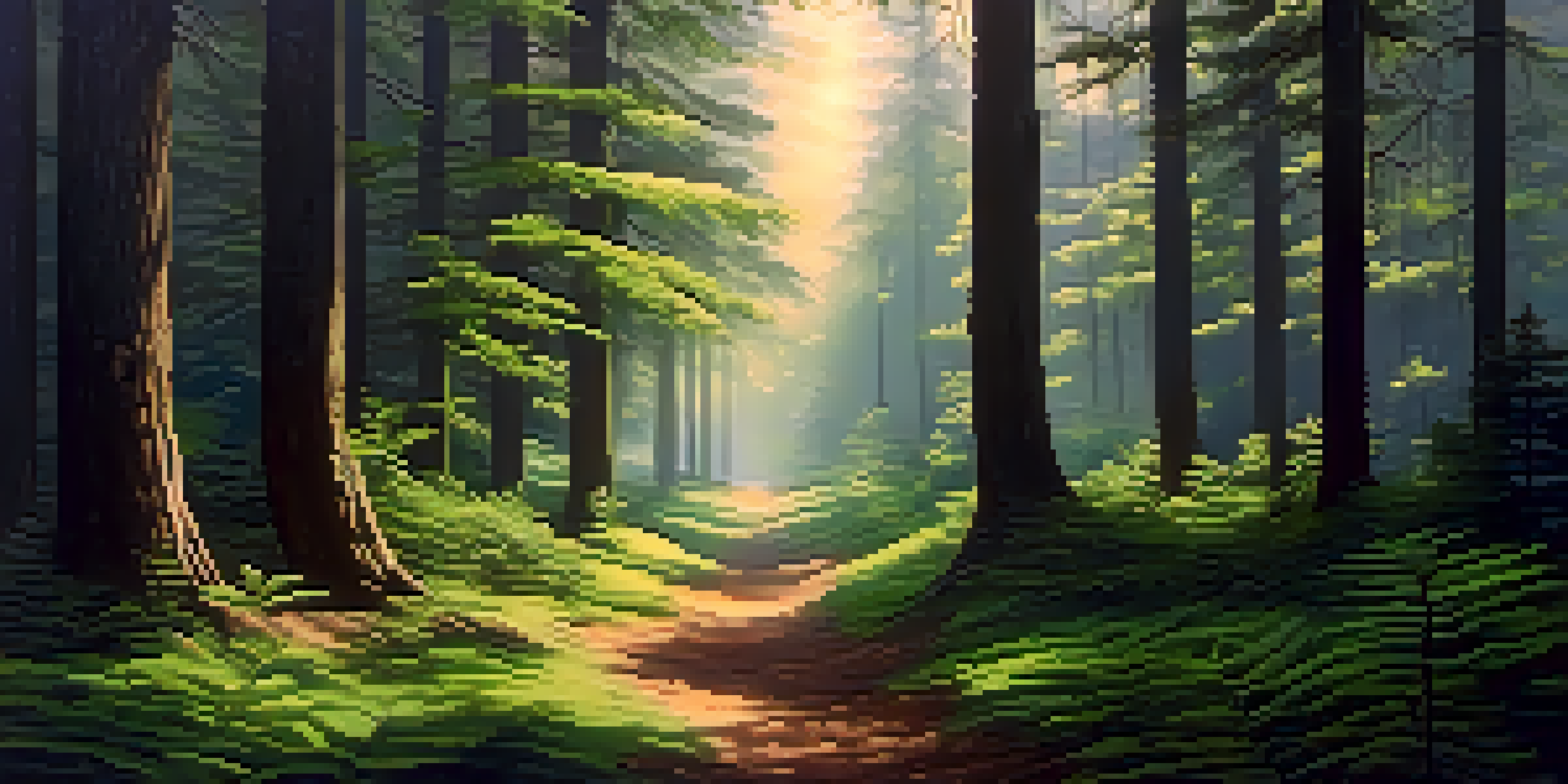 A serene forest setting with trees and dappled sunlight, creating a peaceful ambiance.