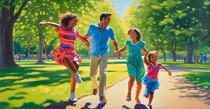 A family of four enjoying a dance in a sunny park, surrounded by trees and bright blue sky.