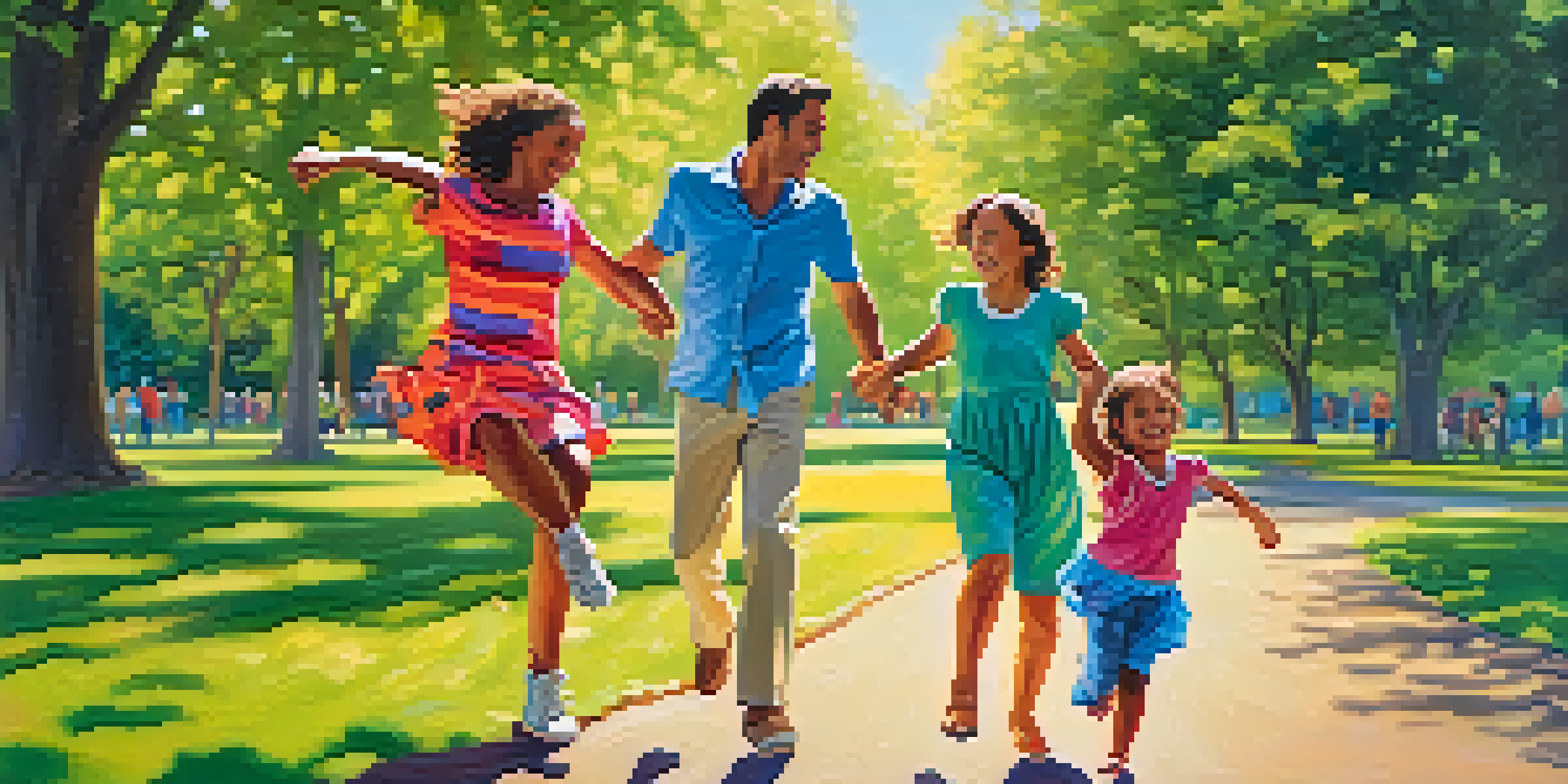 A family of four enjoying a dance in a sunny park, surrounded by trees and bright blue sky.