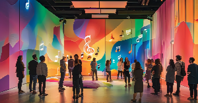 A colorful art installation with abstract shapes and people interacting, surrounded by music notes and a mural in the background.