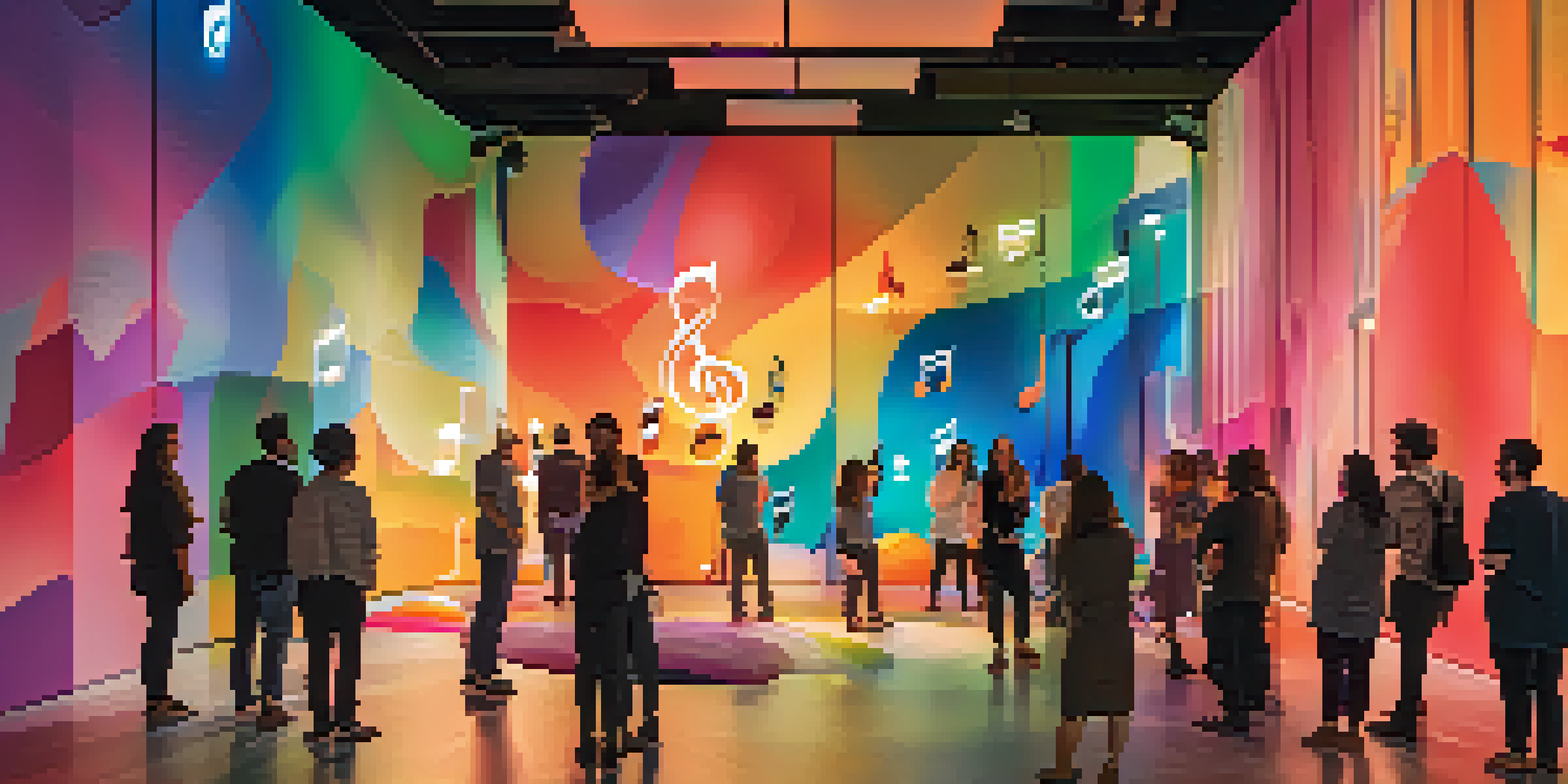 A colorful art installation with abstract shapes and people interacting, surrounded by music notes and a mural in the background.