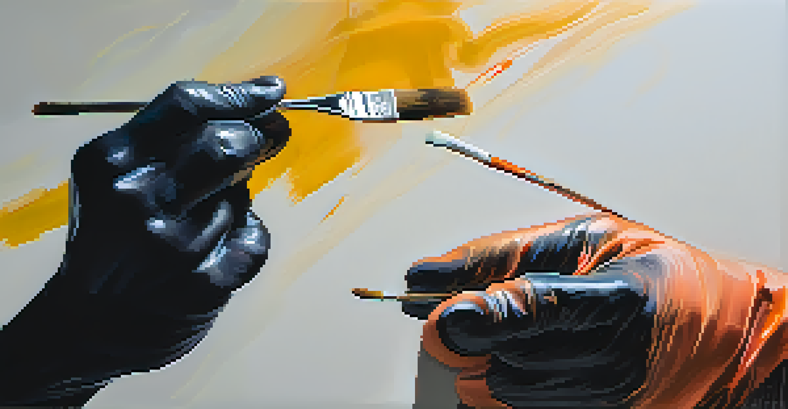 Close-up of hands painting on a canvas, with dark bold strokes representing anger and lighter colors symbolizing vulnerability, showcasing emotional expression.