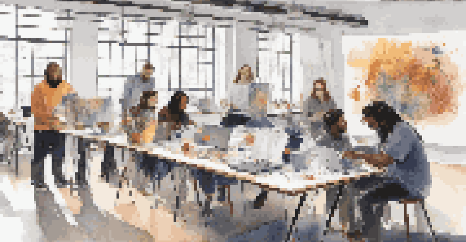 Diverse artists collaborating on a multimedia art project in a bright workspace.