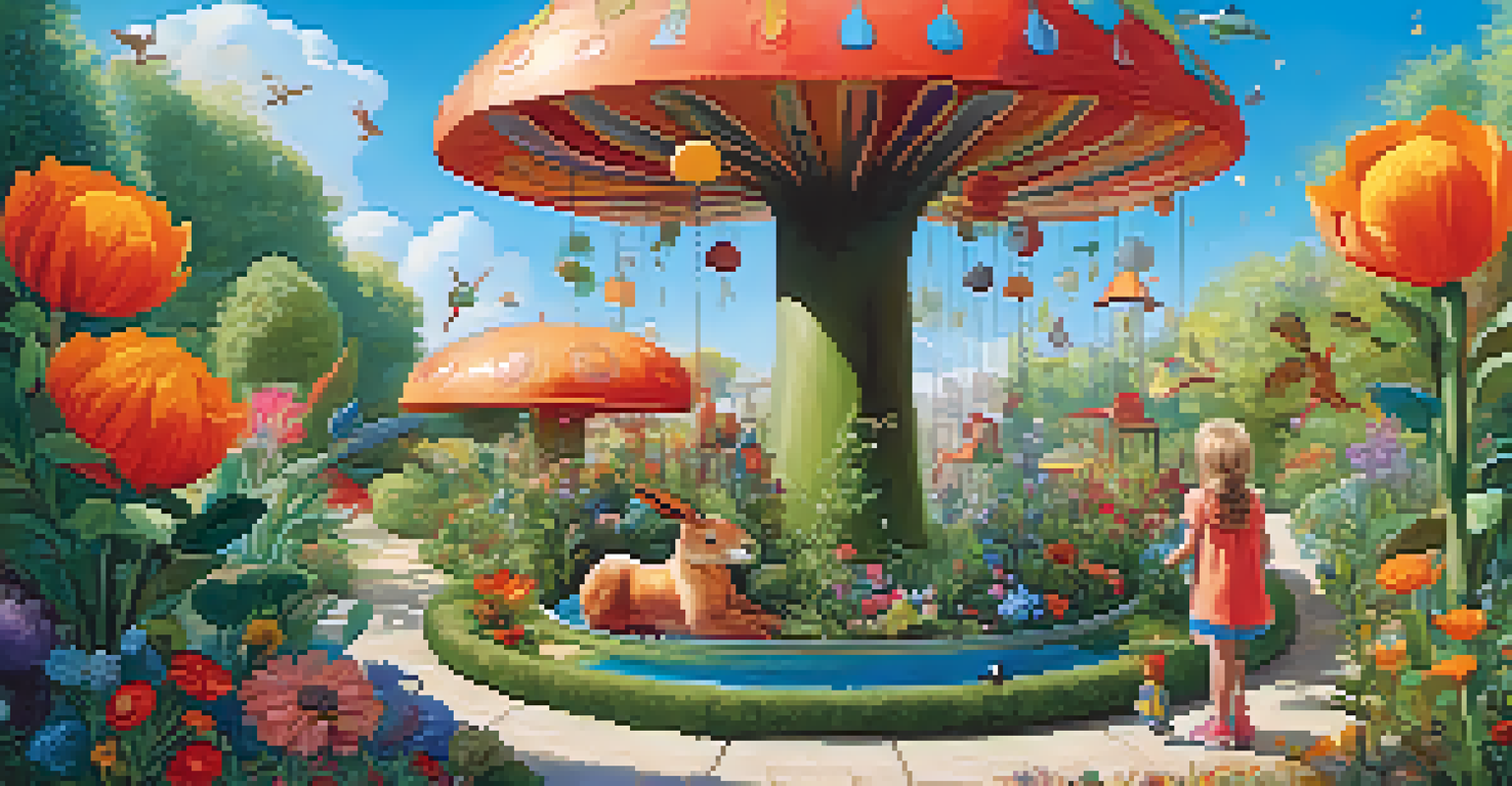 A whimsical illustration of a child playing in a colorful garden with large flowers and friendly animals.