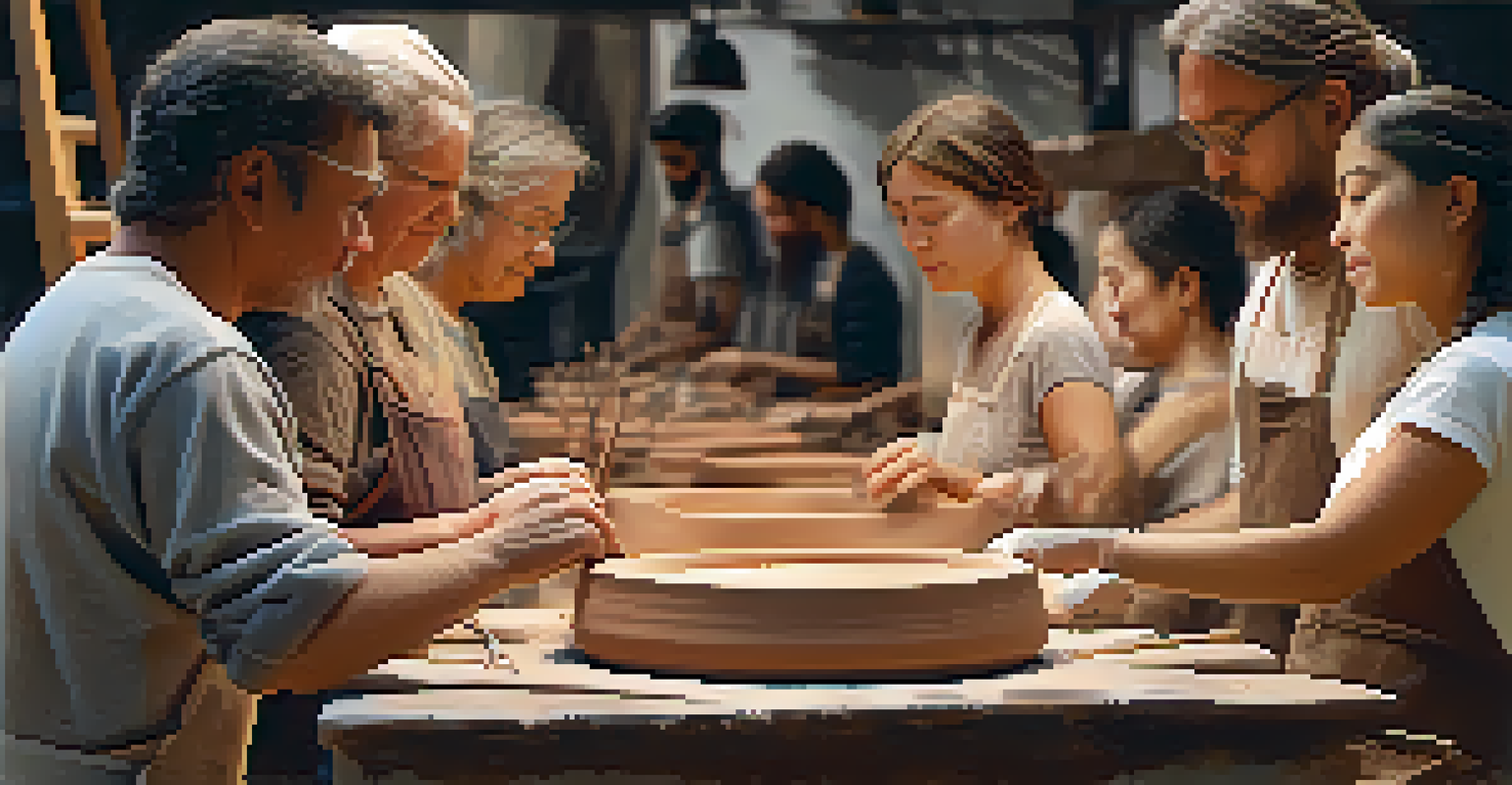 Participants in a pottery workshop at an art festival, with an instructor demonstrating techniques under warm ambient lighting.