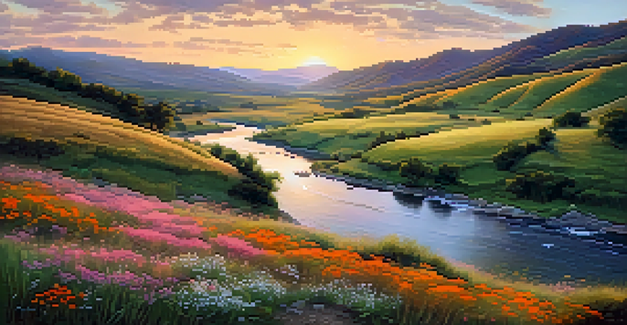 A serene landscape during golden hour, featuring rolling hills, a winding river, and colorful wildflowers in the foreground.