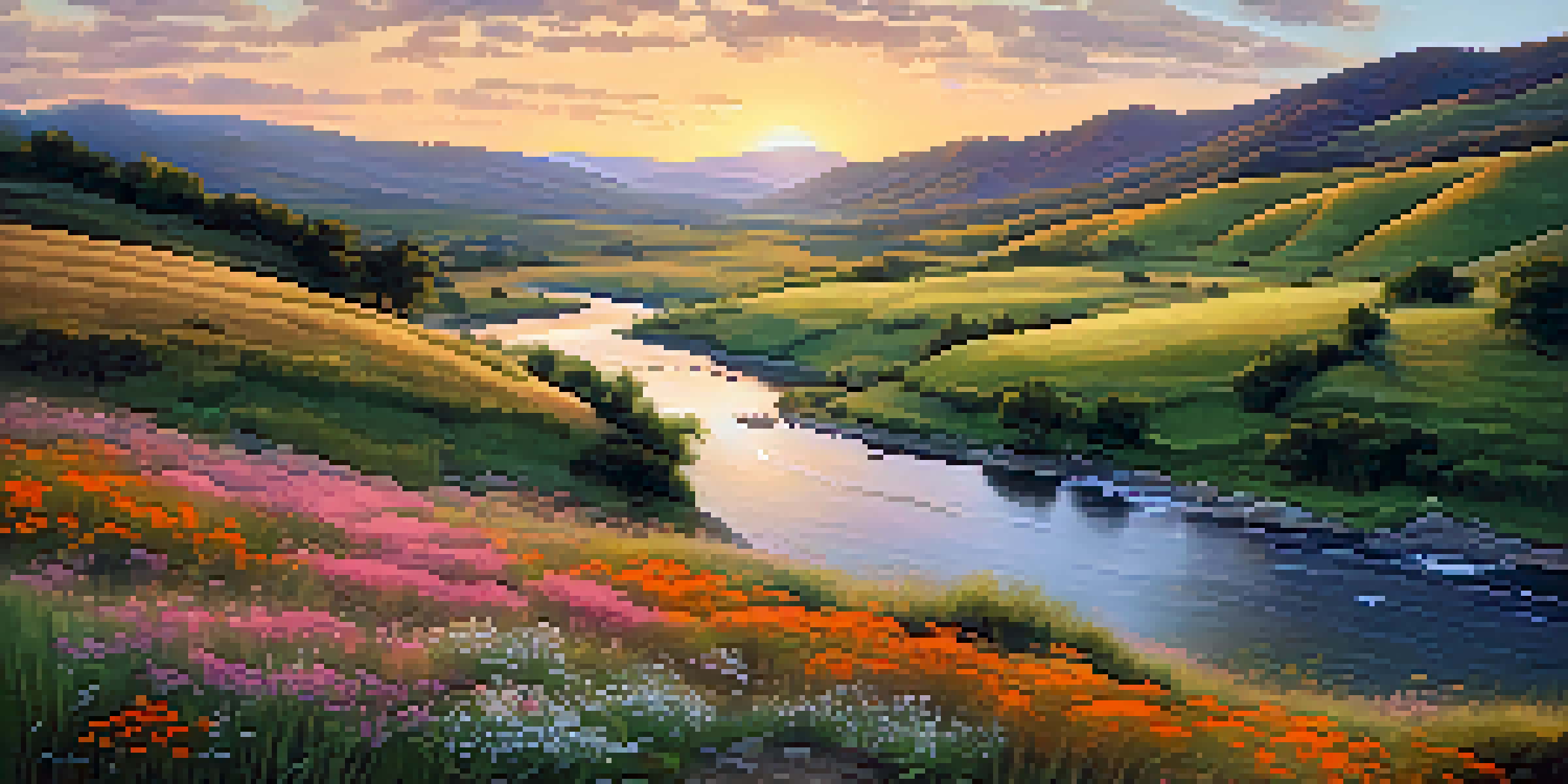 A serene landscape during golden hour, featuring rolling hills, a winding river, and colorful wildflowers in the foreground.