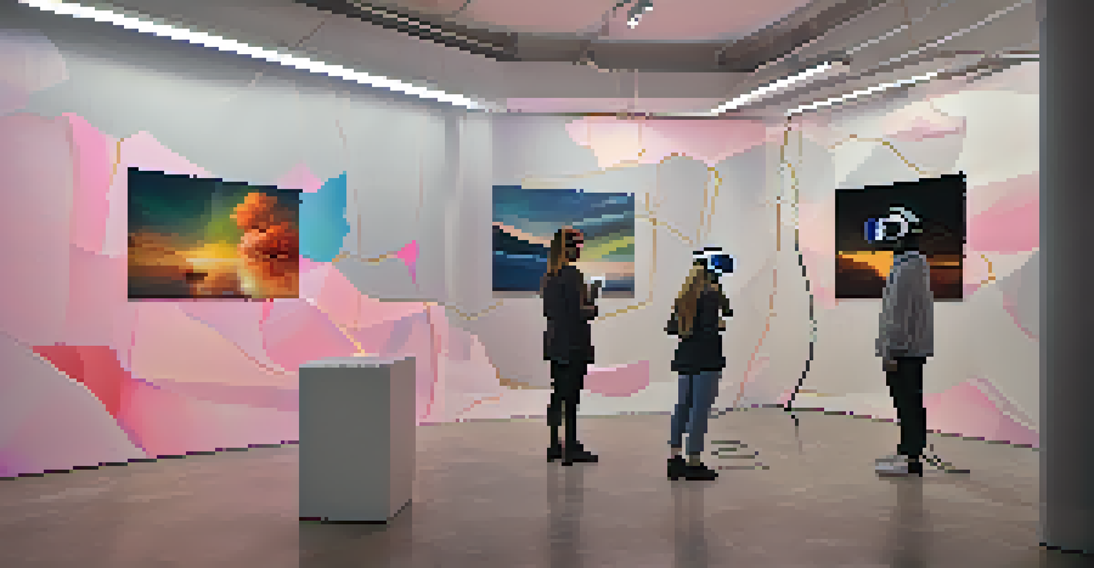 A digital art installation with users experiencing VR visuals about mental health challenges in a modern gallery with soft lighting.