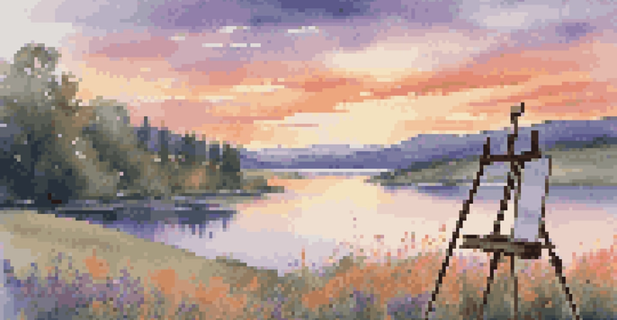 A picturesque landscape with a painter's easel by a lake at sunset, featuring colorful wildflowers and a vibrant sky.