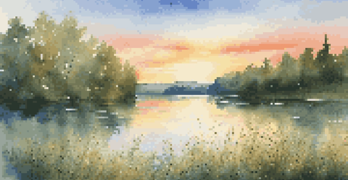 A peaceful lake at sunset, surrounded by green forests and blooming wildflowers, with reflections of the sunset in the water.