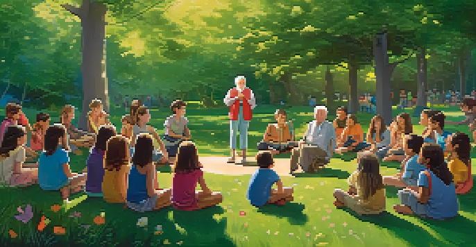 An elderly storyteller surrounded by captivated children in a sunny park, telling a folktale amidst nature.