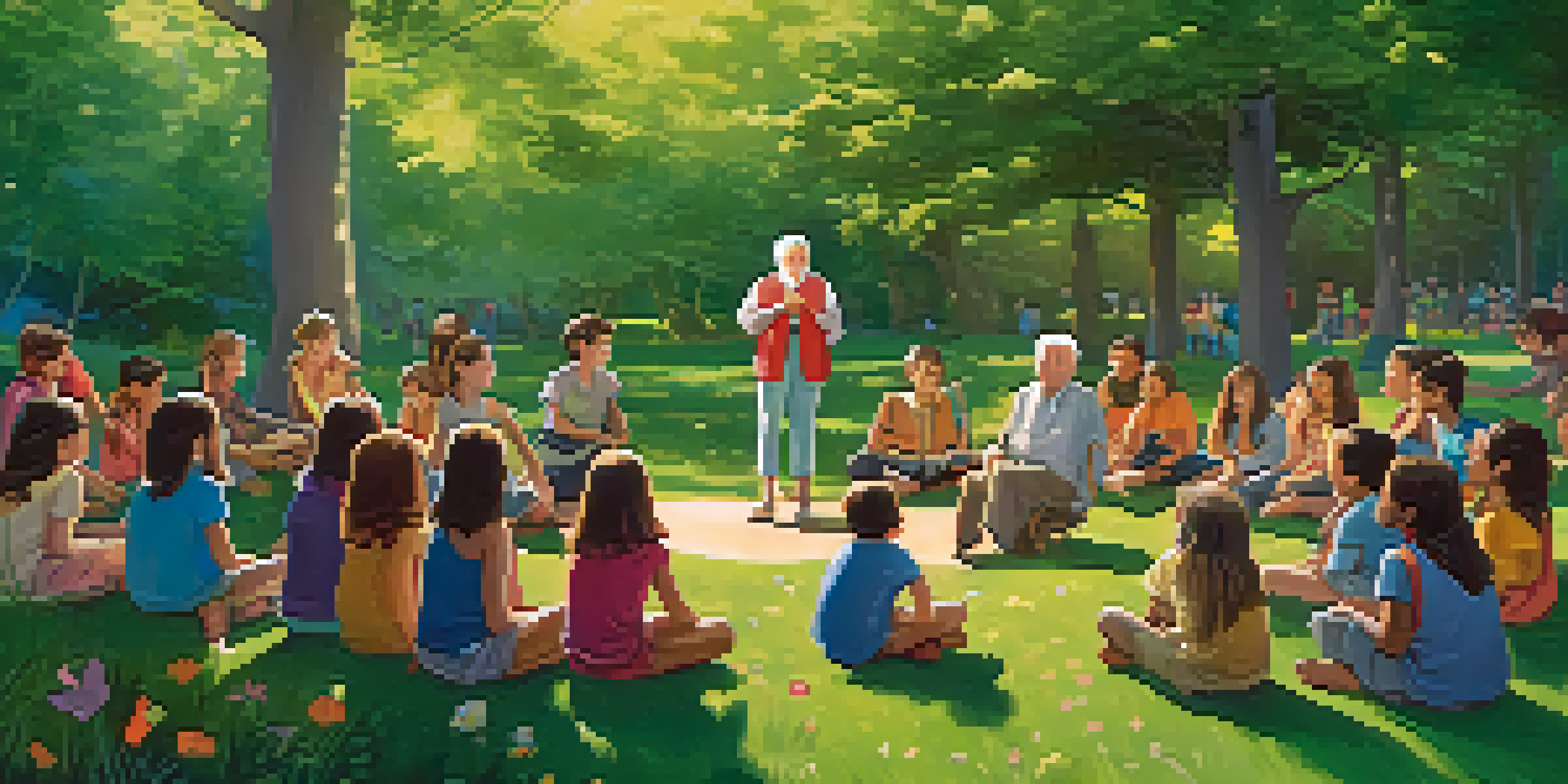An elderly storyteller surrounded by captivated children in a sunny park, telling a folktale amidst nature.