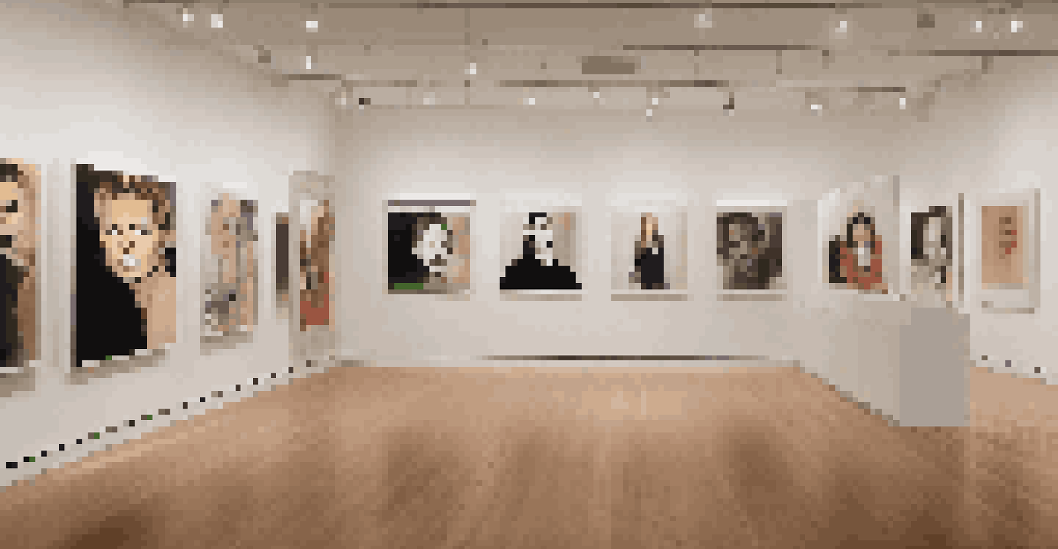 A modern art gallery displaying contemporary pieces featuring celebrity imagery.