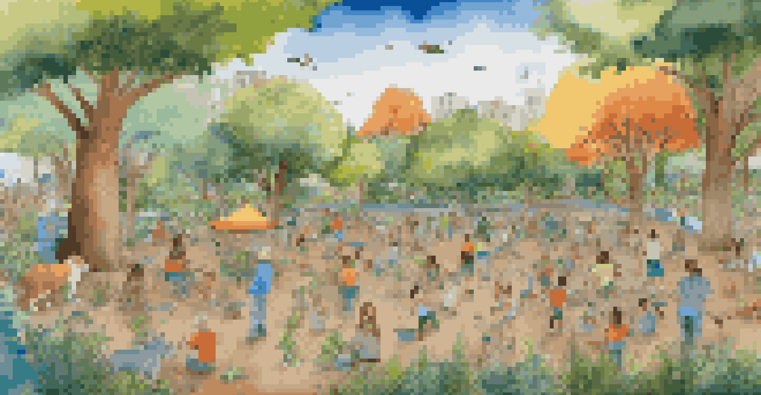 A community art project in a park with people of different ages collaborating on a large nature-themed mural.