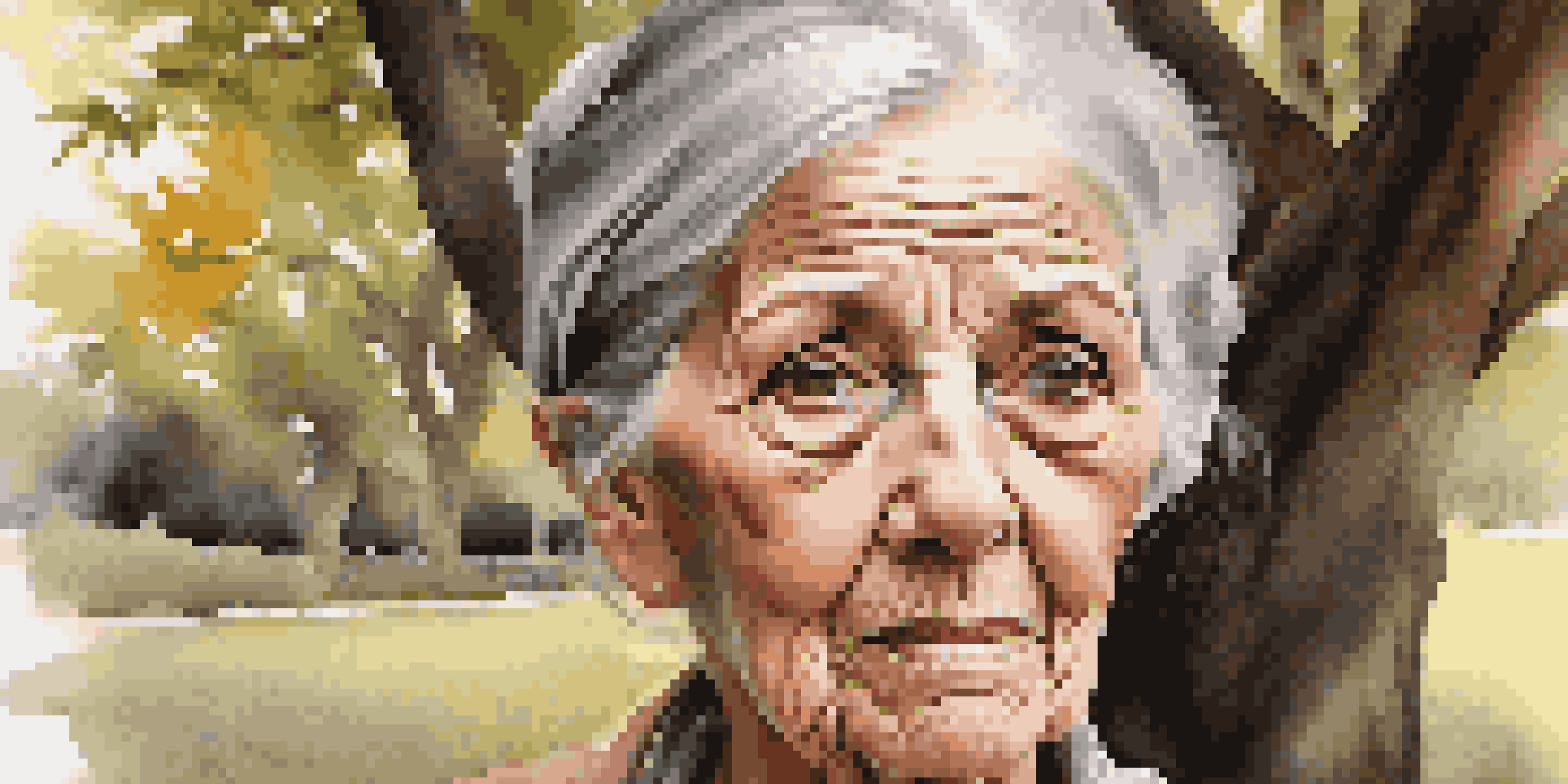 A close-up photorealistic portrait of an elderly woman with deep wrinkles and expressive eyes, illuminated by warm sunlight.