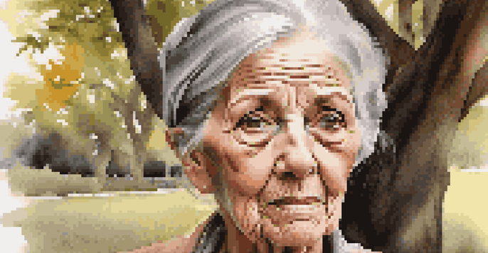A close-up photorealistic portrait of an elderly woman with deep wrinkles and expressive eyes, illuminated by warm sunlight.