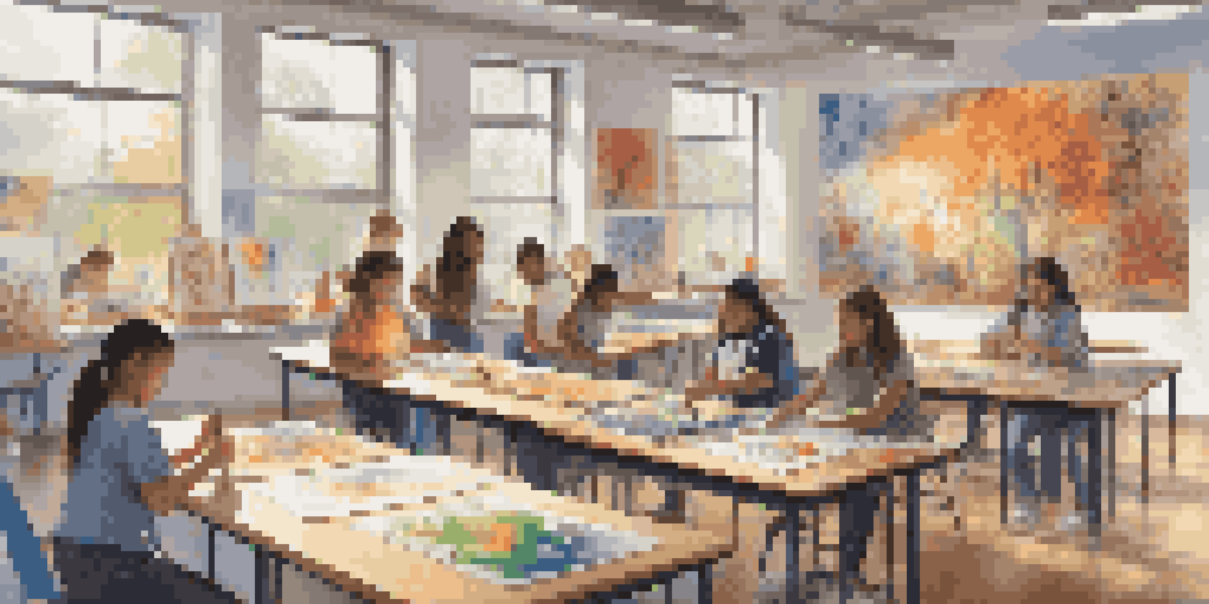 A colorful art classroom with students participating in different art projects, surrounded by their artworks.