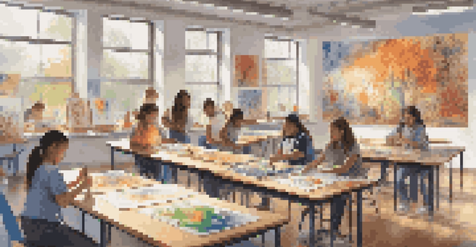 A colorful art classroom with students participating in different art projects, surrounded by their artworks.