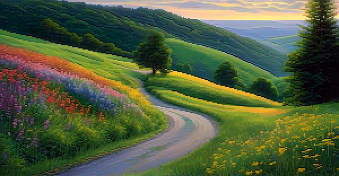 A peaceful landscape with a winding road, green valley, and colorful wildflowers under a pastel sky.