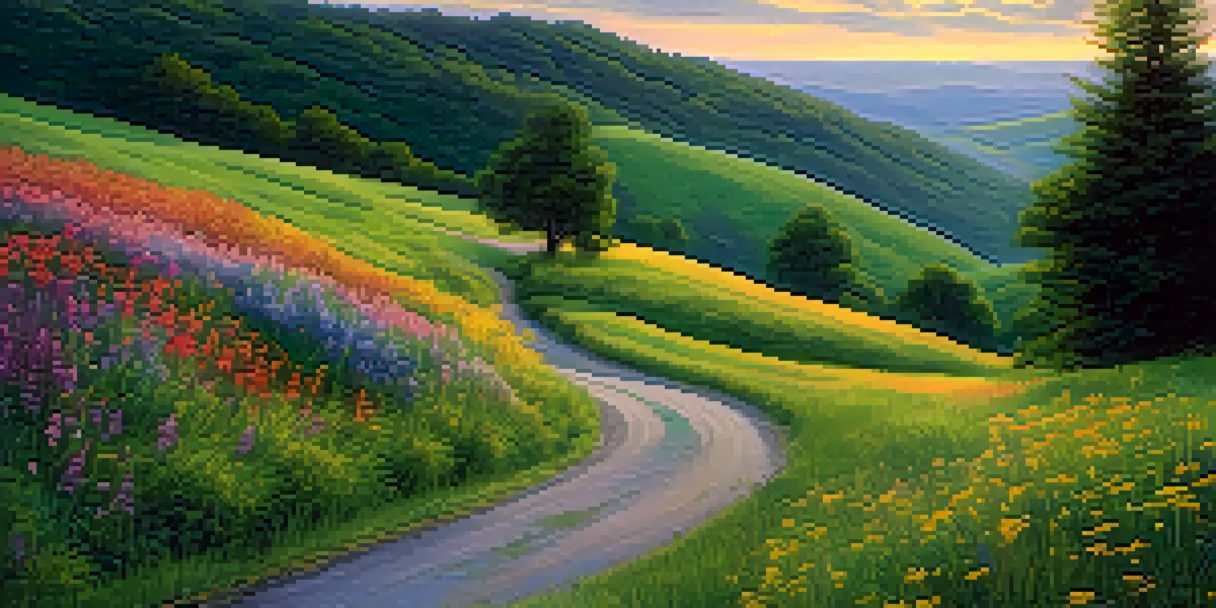 A peaceful landscape with a winding road, green valley, and colorful wildflowers under a pastel sky.