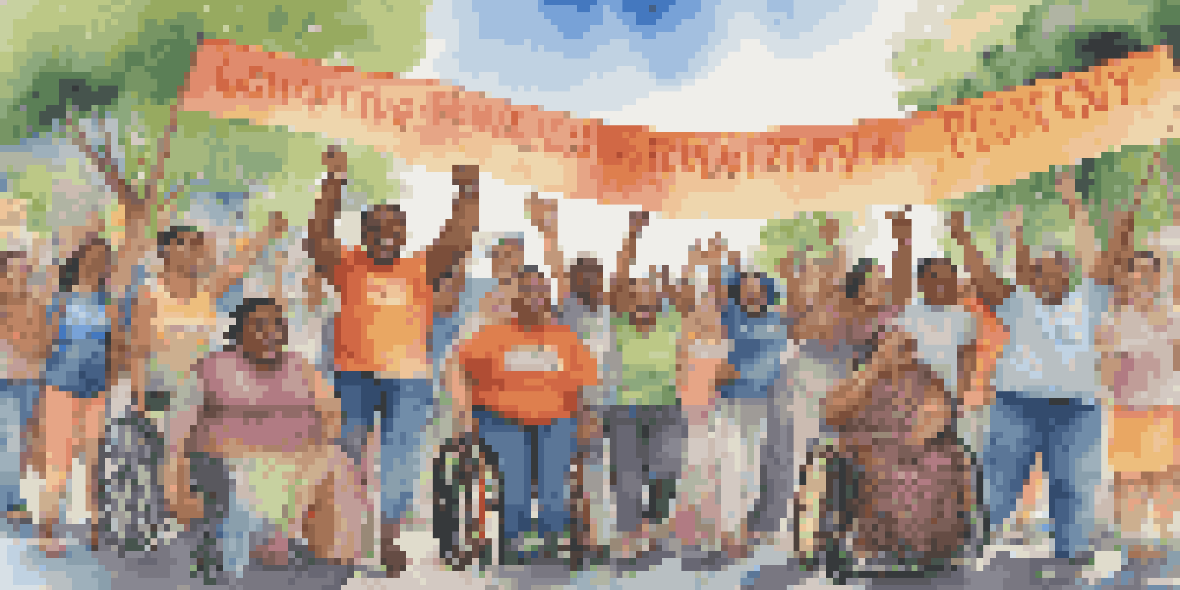A colorful mural showing a diverse group of people with disabilities participating in a community protest, with banners and greenery in the background.