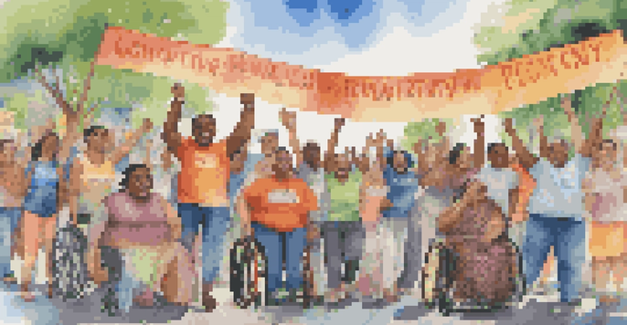 A colorful mural showing a diverse group of people with disabilities participating in a community protest, with banners and greenery in the background.