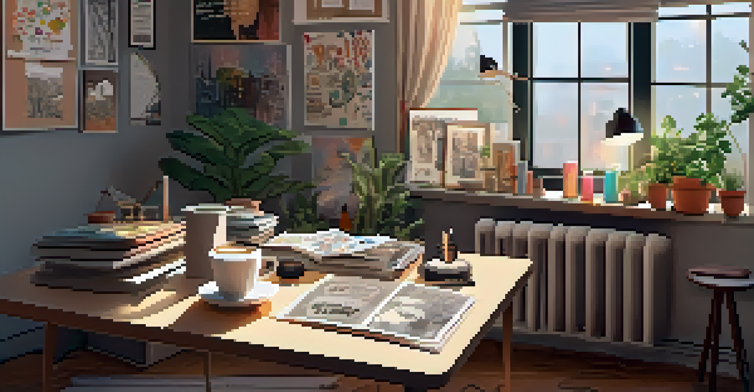 A warm and cozy workspace filled with zines, art supplies, and plants, creating an inviting atmosphere.