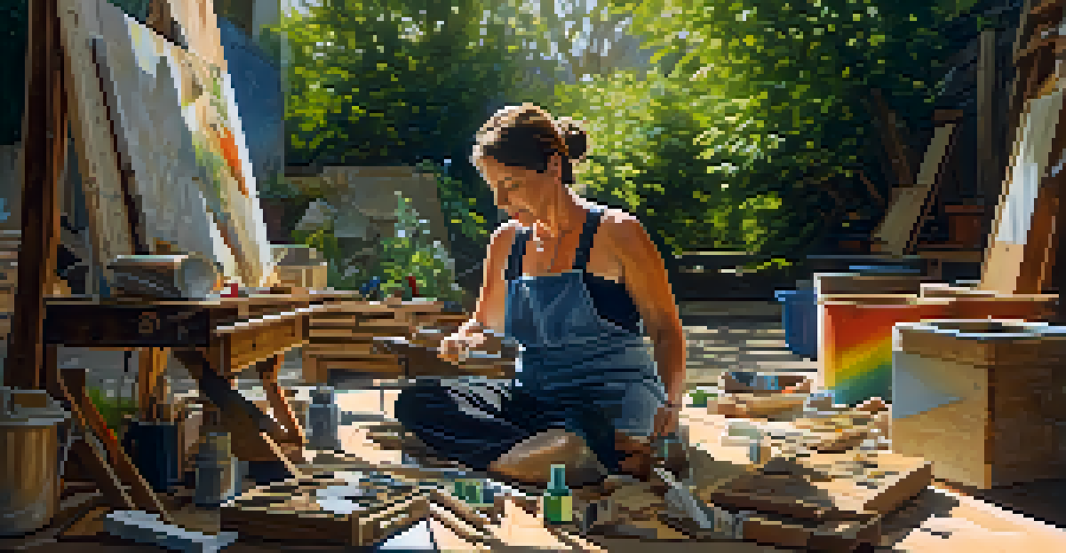 An artist working on a sculpture made from discarded materials in an outdoor workshop, surrounded by greenery and sunlight filtering through the trees.