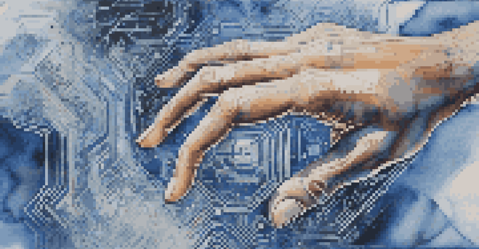 An abstract image showing a human hand reaching for a digital canvas with organic shapes and machine-generated patterns, symbolizing AI in art.
