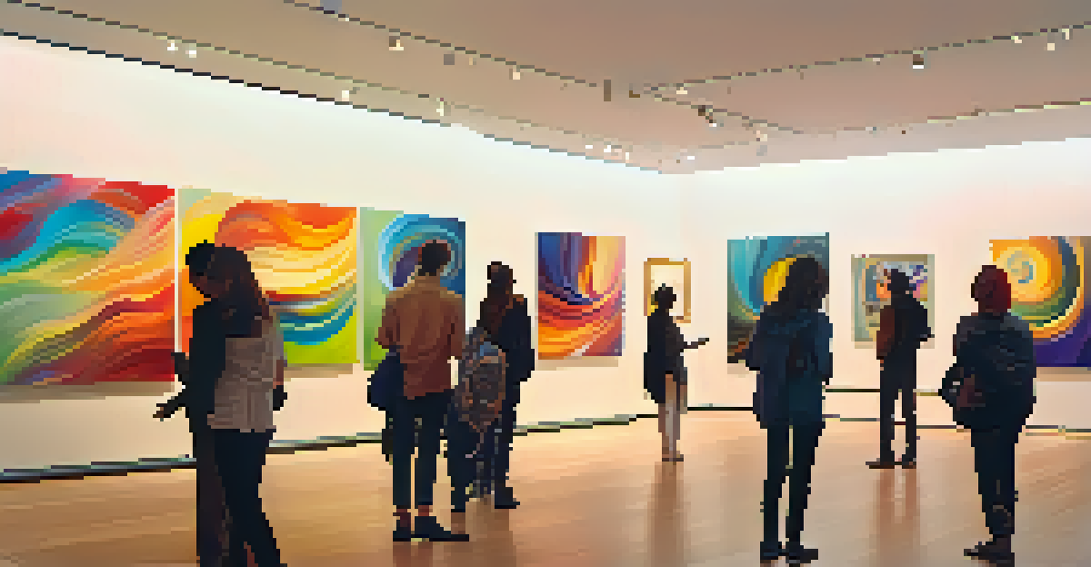 An art gallery filled with colorful artwork and happy visitors, with music notes visually flowing through the space, illuminated by warm light.