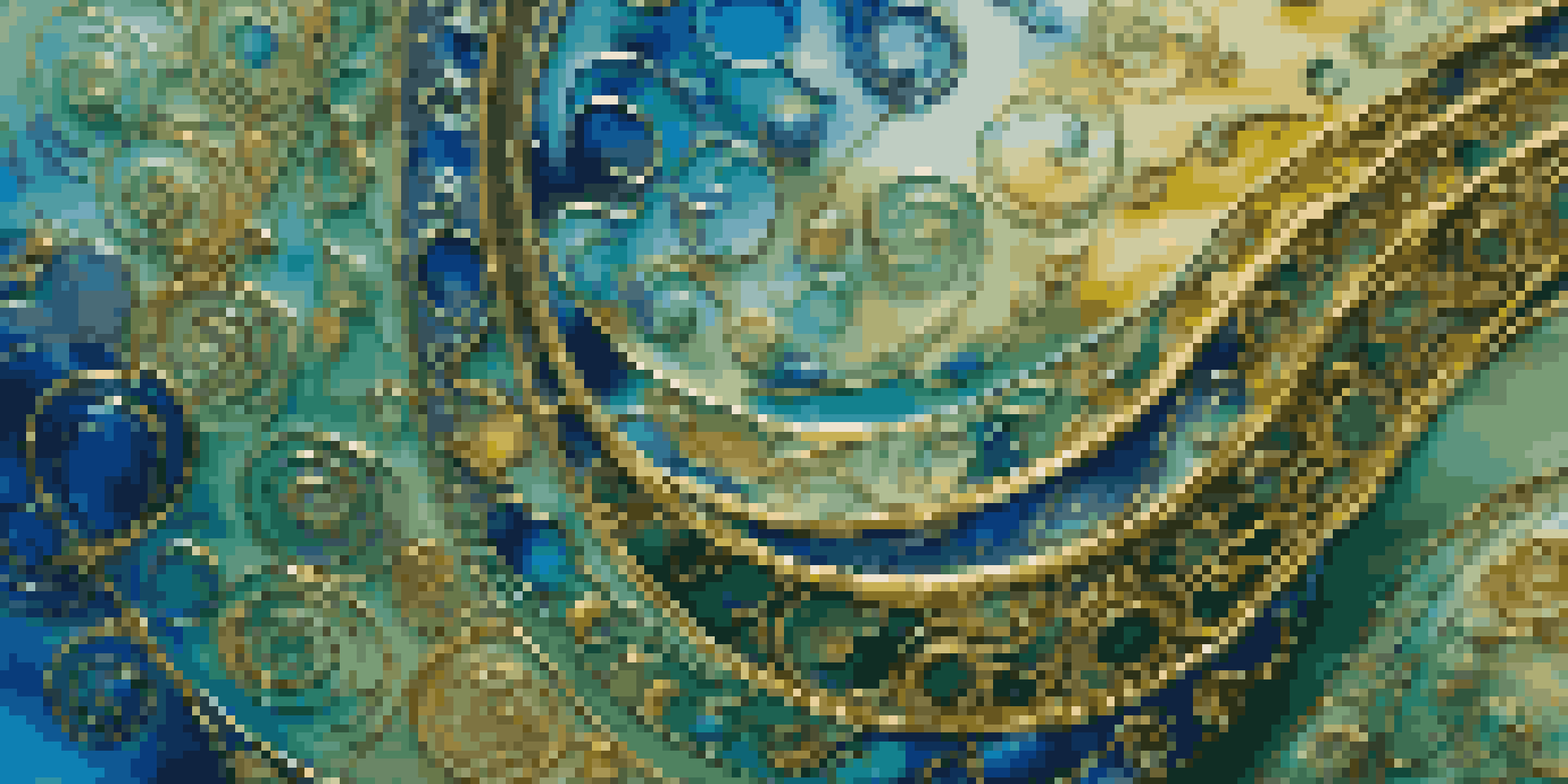 A detailed close-up of an enamel painting featuring swirling blue, green, and gold colors on a metal surface, with a glossy finish reflecting light.
