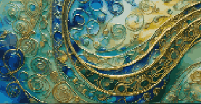 A detailed close-up of an enamel painting featuring swirling blue, green, and gold colors on a metal surface, with a glossy finish reflecting light.