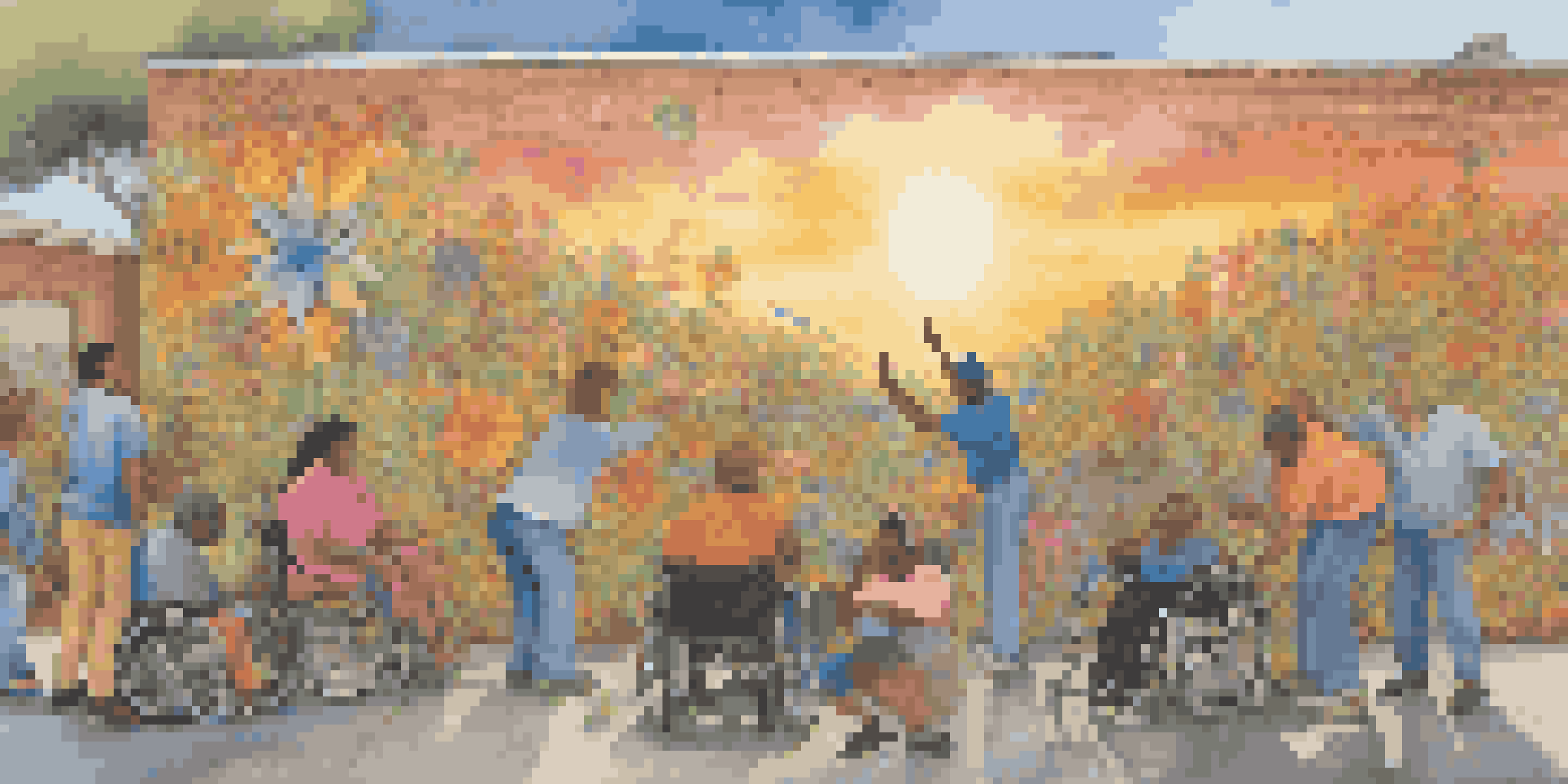 A community mural being painted by a diverse group of people, including individuals with disabilities, highlighting teamwork and creativity.