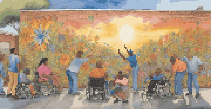 A community mural being painted by a diverse group of people, including individuals with disabilities, highlighting teamwork and creativity.
