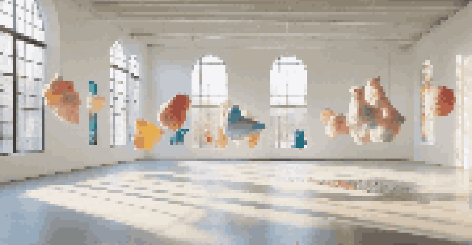 An art gallery displaying a modern installation made of recycled materials, illuminated by natural light.