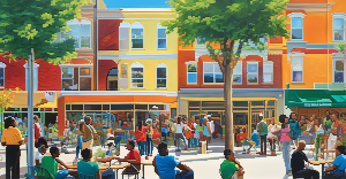 A colorful mural in an urban plaza with diverse people conversing, surrounded by greenery and bright colors.