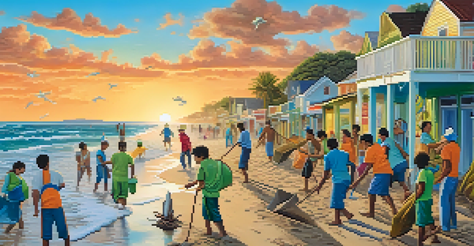 A colorful mural showing the impacts of climate change on a coastal area, with rising sea levels and diverse individuals working together to clean the beach.