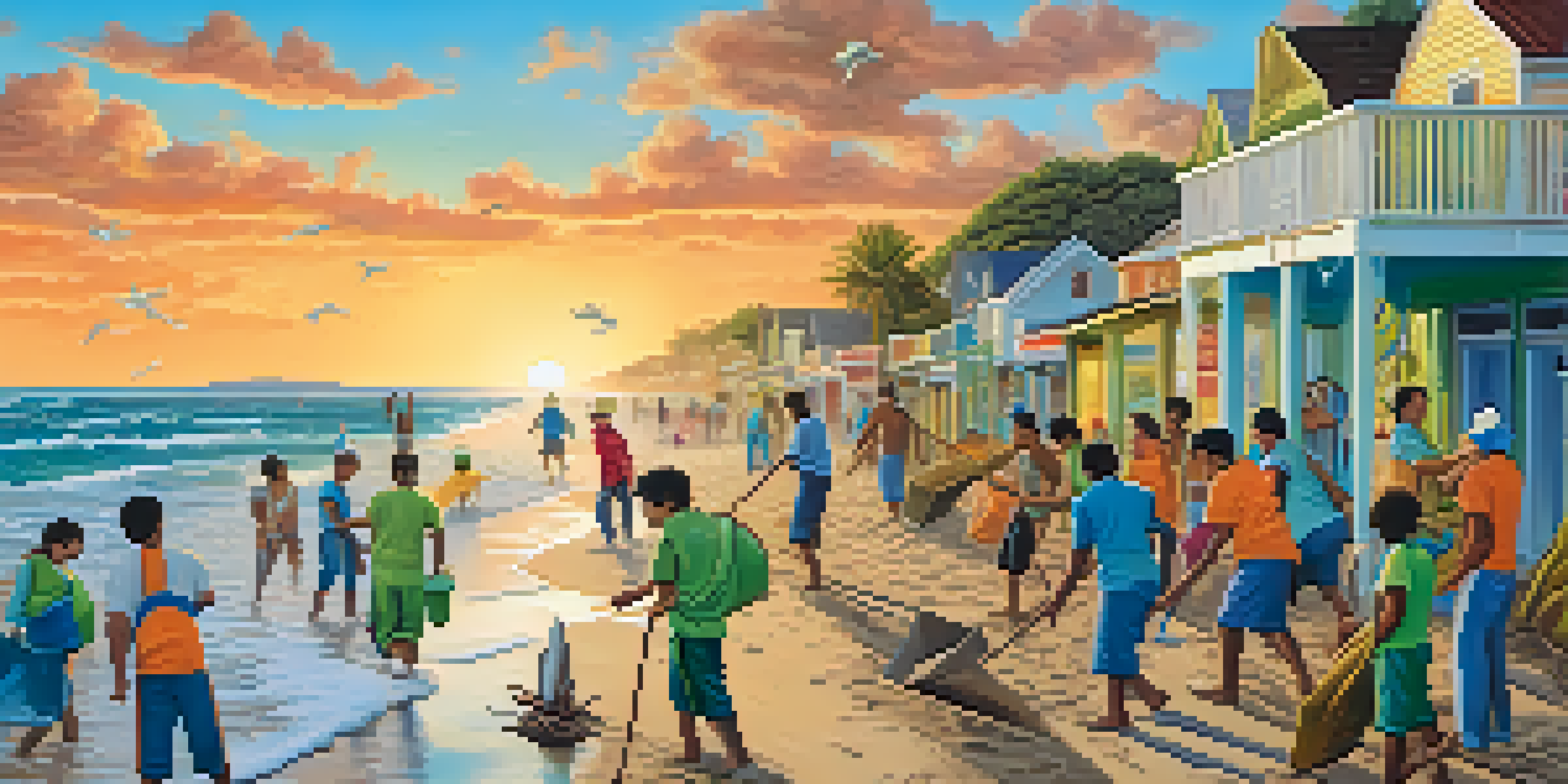 A colorful mural showing the impacts of climate change on a coastal area, with rising sea levels and diverse individuals working together to clean the beach.