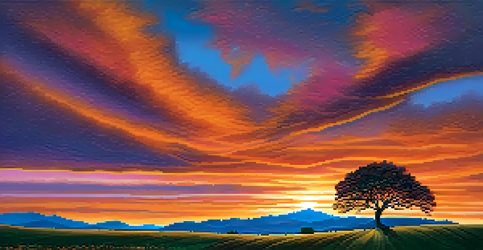 A dramatic sunset over rolling hills with vibrant sky colors and a silhouetted tree in the foreground.