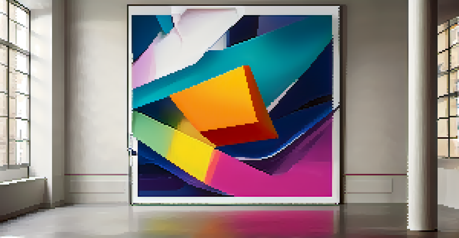 A close-up of an abstract digital artwork by an emerging artist, showcasing bold colors and shapes on a digital screen in a modern gallery.