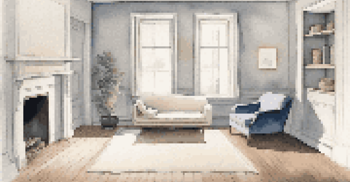 A serene minimalist living room with a central chair, soft lighting, and an abstract painting on the wall.