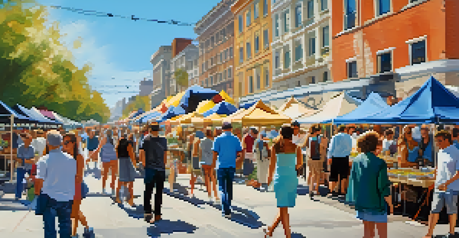 An outdoor art fair with artists showcasing their work, surrounded by lively visitors and colorful decorations under a clear blue sky.