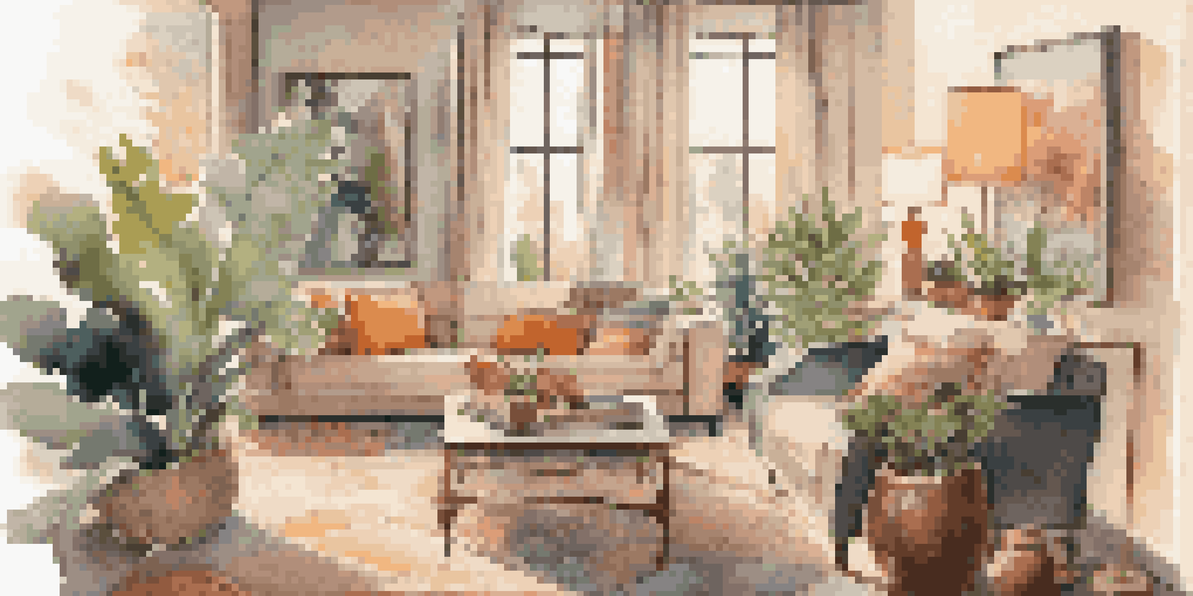 A cozy living room filled with art, featuring an abstract painting, sculptures, and a plant, with warm lighting.